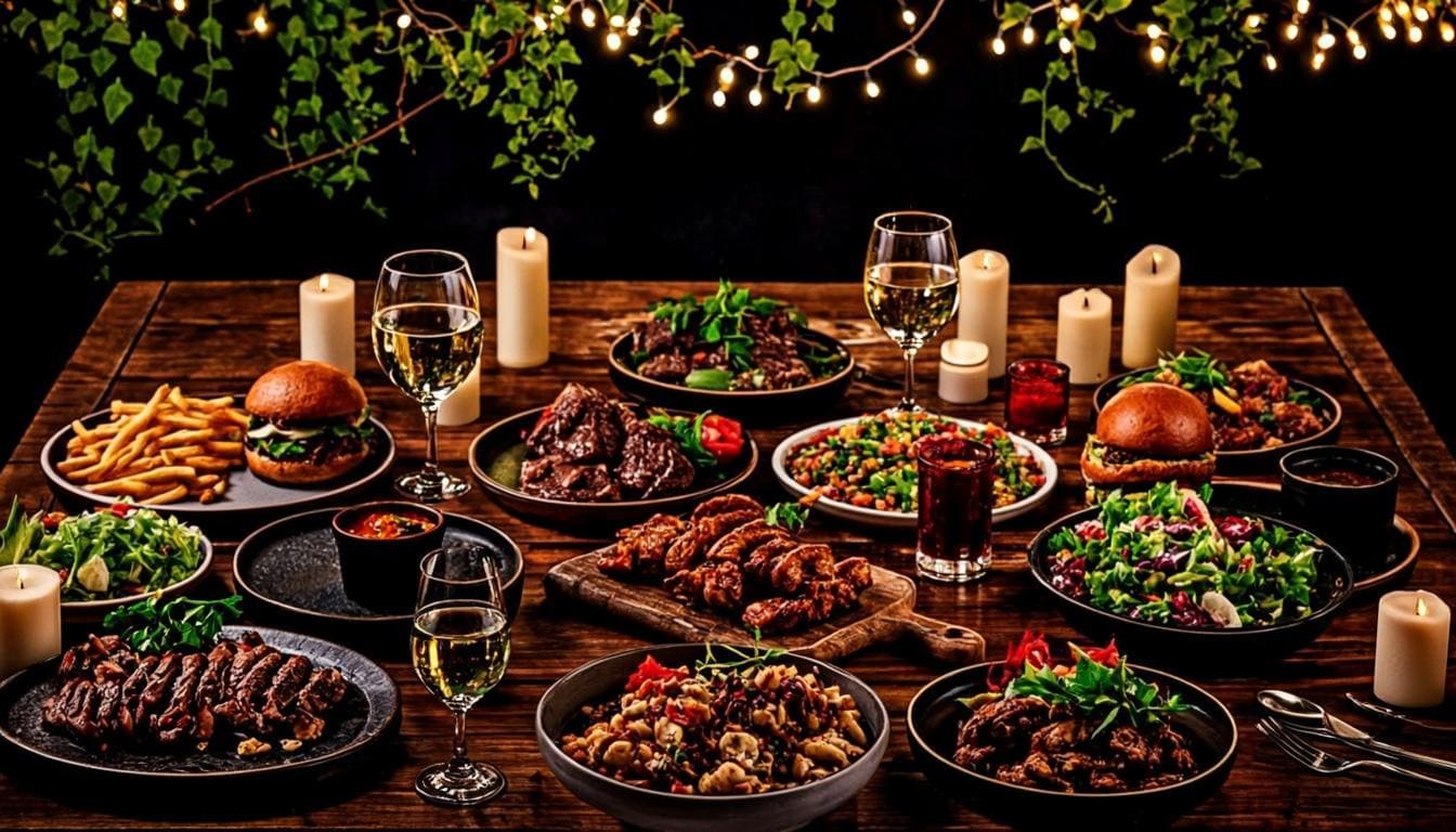 Mesa gourmet en el jardín nocturno de Mega Gourmet